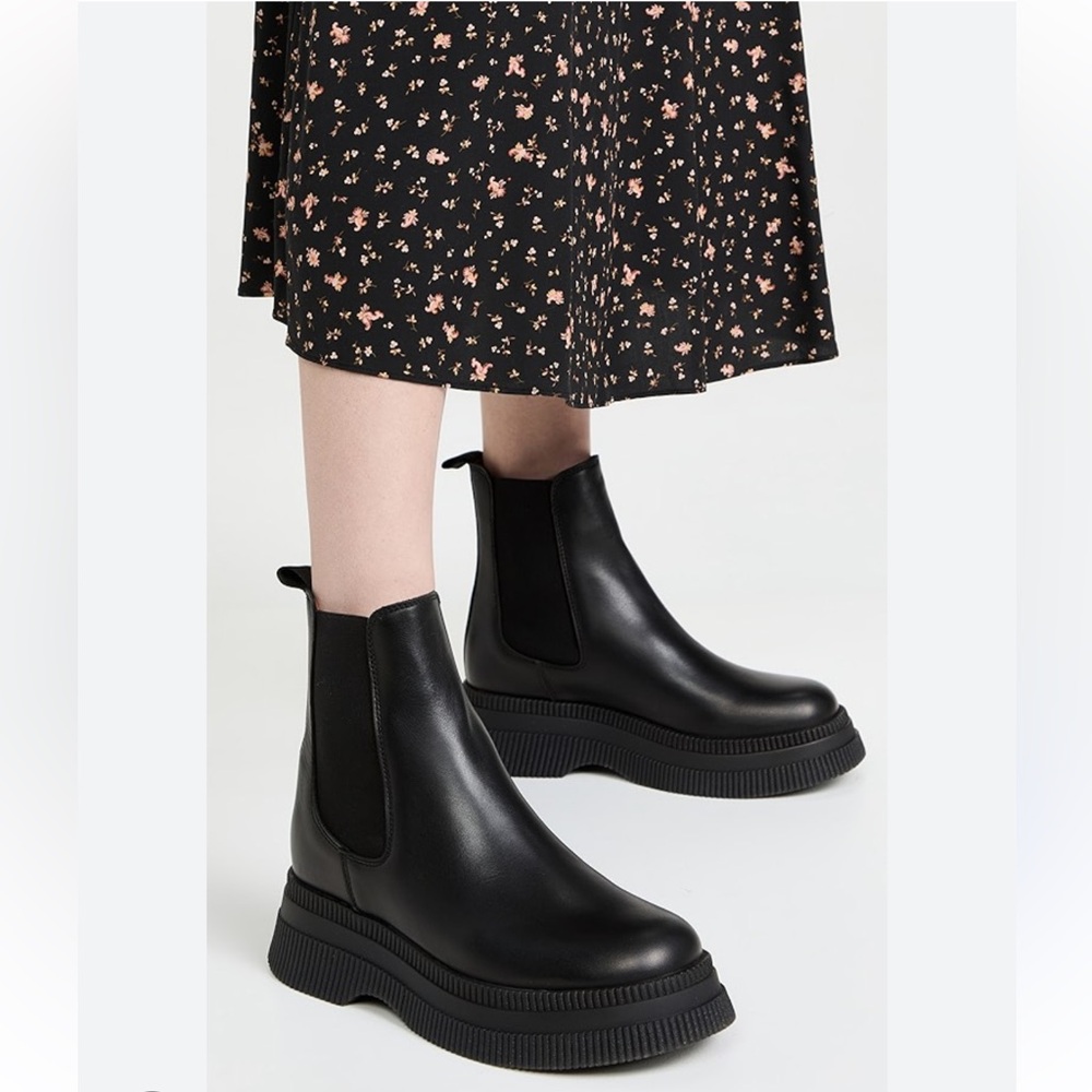 GANNI NIB Black Leather Chelsea Creepers Combat Ankle Boots